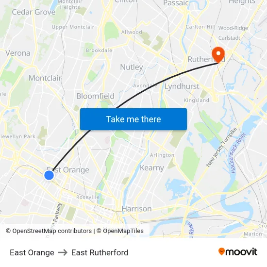 East Orange to East Rutherford map