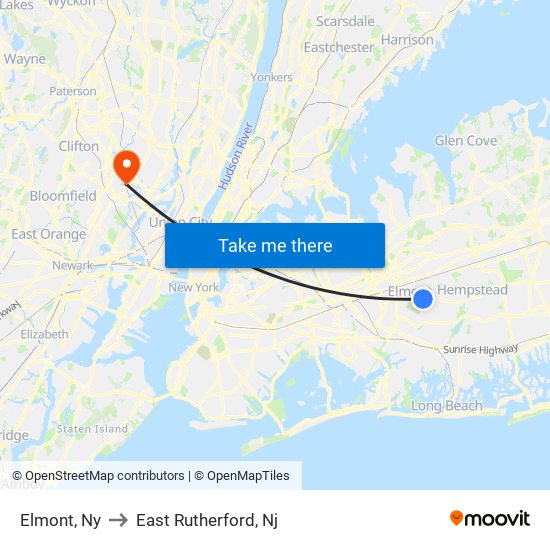 Elmont, Ny to East Rutherford, Nj map