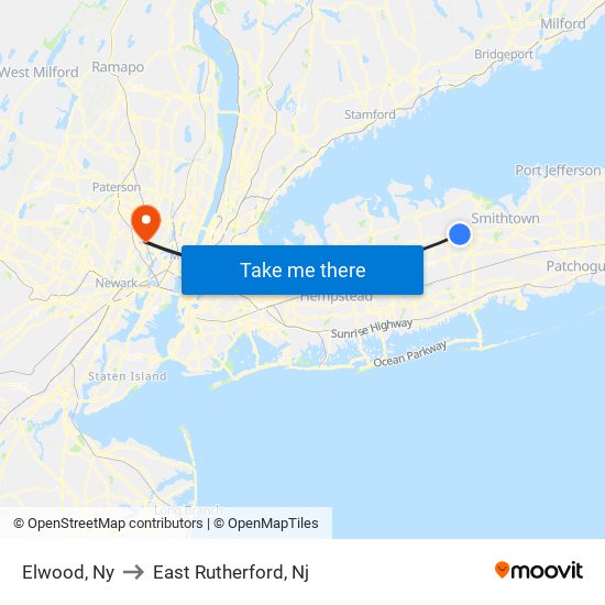Elwood, Ny to East Rutherford, Nj map