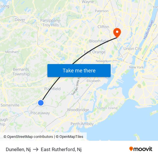 Dunellen, Nj to East Rutherford, Nj map