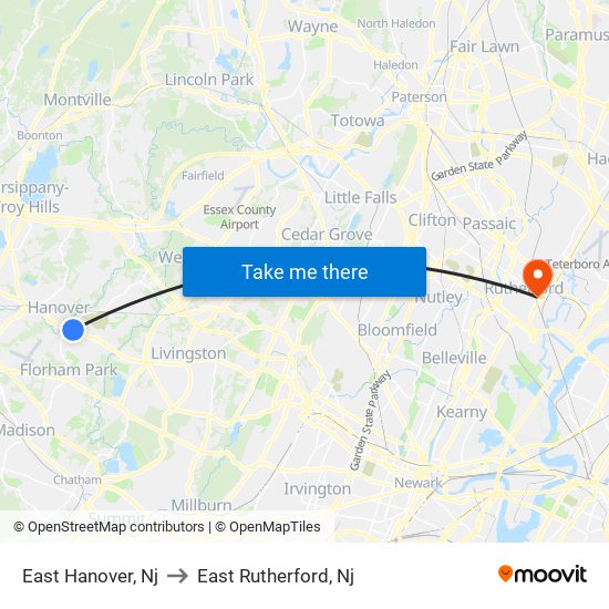 East Hanover, Nj to East Rutherford, Nj map