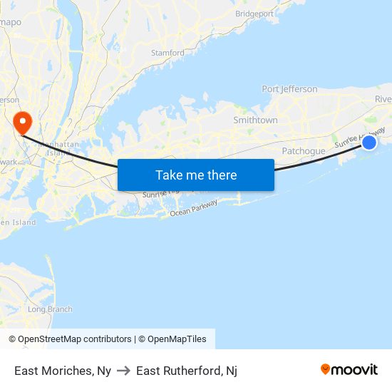East Moriches, Ny to East Rutherford, Nj map