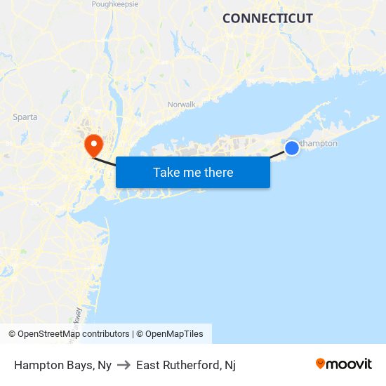 Hampton Bays, Ny to East Rutherford, Nj map