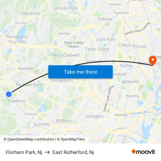 Florham Park, Nj to East Rutherford, Nj map