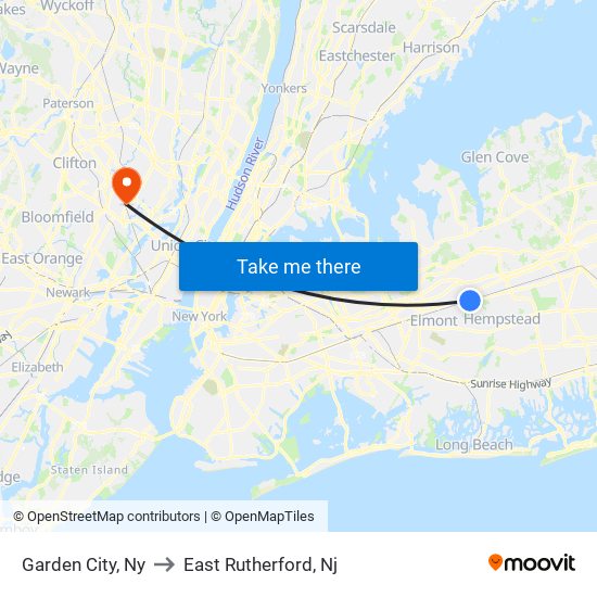 Garden City, Ny to East Rutherford, Nj map