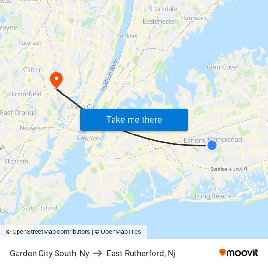 Garden City South, Ny to East Rutherford, Nj map