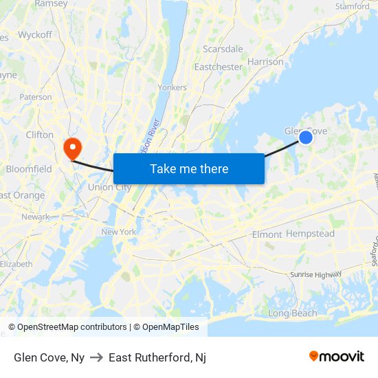 Glen Cove, Ny to East Rutherford, Nj map