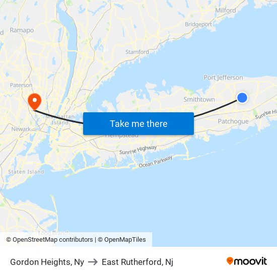 Gordon Heights, Ny to East Rutherford, Nj map