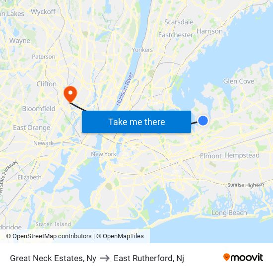 Great Neck Estates, Ny to East Rutherford, Nj map