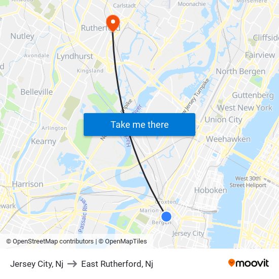 Jersey City, Nj to East Rutherford, Nj map