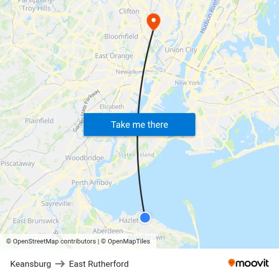 Keansburg to East Rutherford map