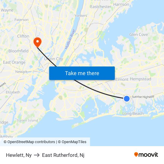 Hewlett, Ny to East Rutherford, Nj map