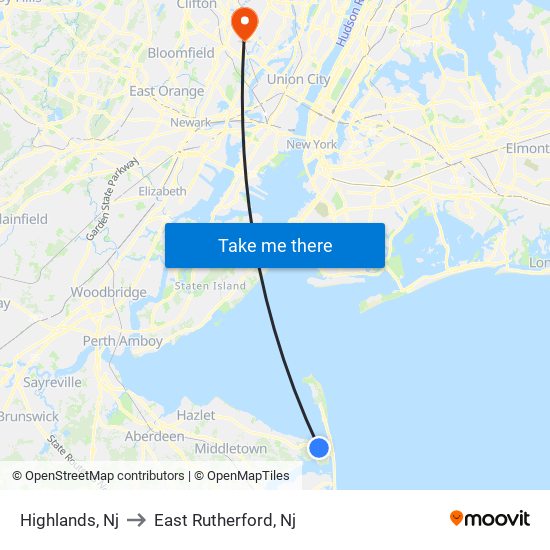 Highlands, Nj to East Rutherford, Nj map