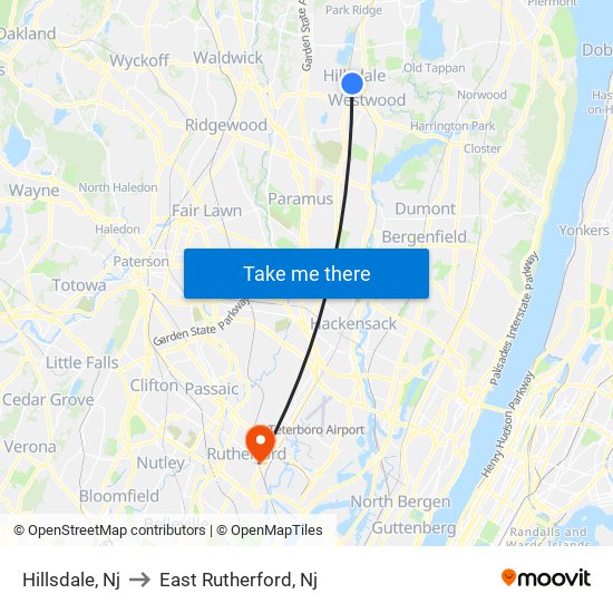 Hillsdale, Nj to East Rutherford, Nj map