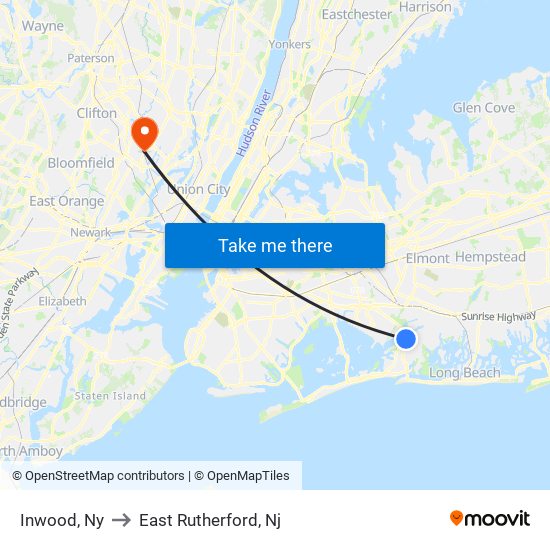 Inwood, Ny to East Rutherford, Nj map