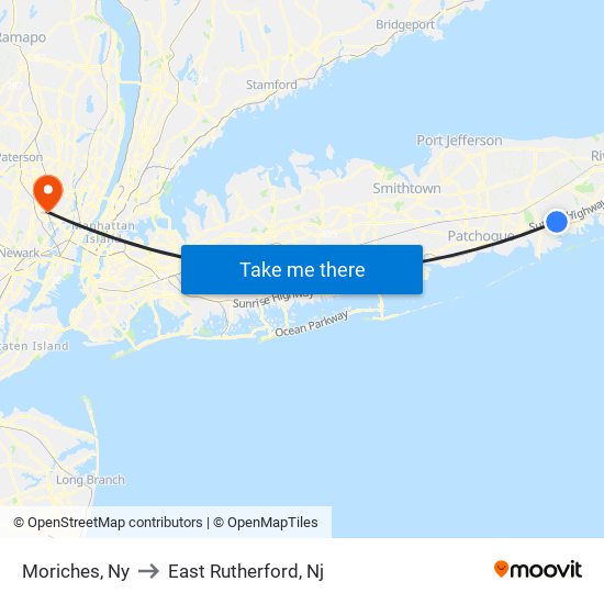 Moriches, Ny to East Rutherford, Nj map