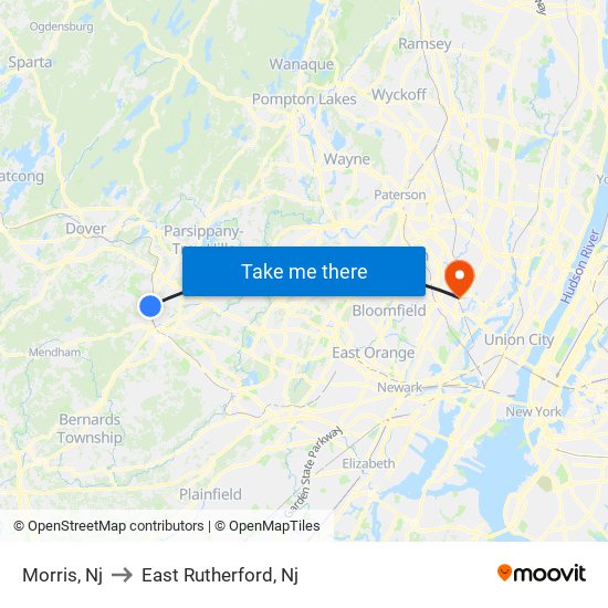Morris, Nj to East Rutherford, Nj map