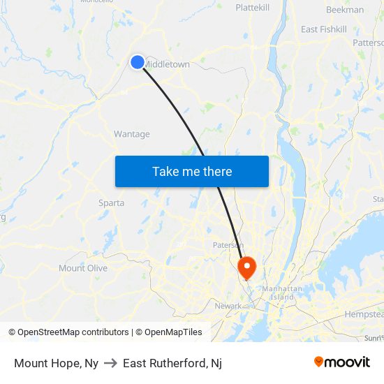 Mount Hope, Ny to East Rutherford, Nj map