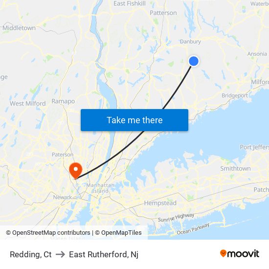 Redding, Ct to East Rutherford, Nj map