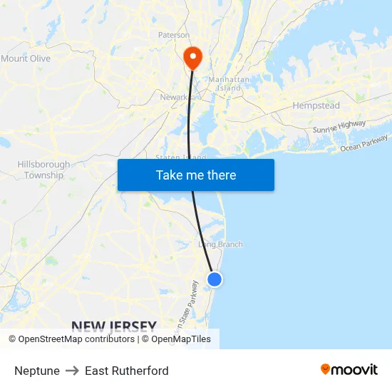 Neptune to East Rutherford map