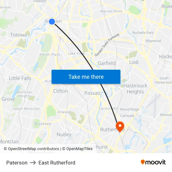 Paterson to East Rutherford map