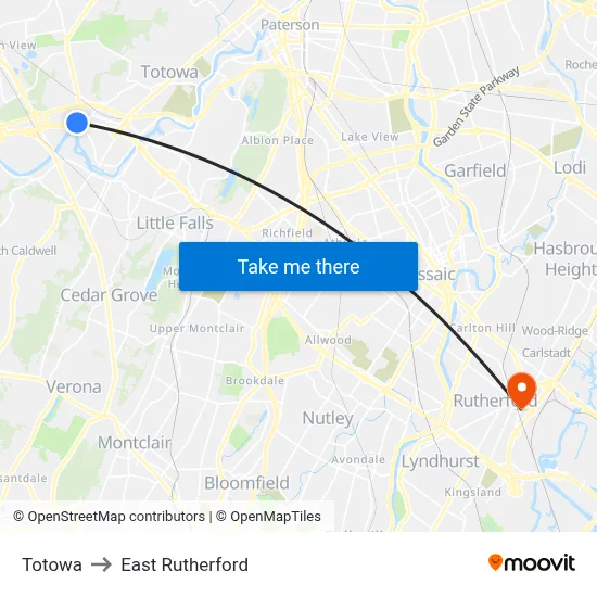 Totowa to East Rutherford map
