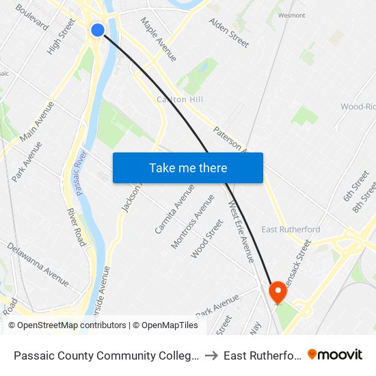 Passaic County Community College-Passaic to East Rutherford, Nj map