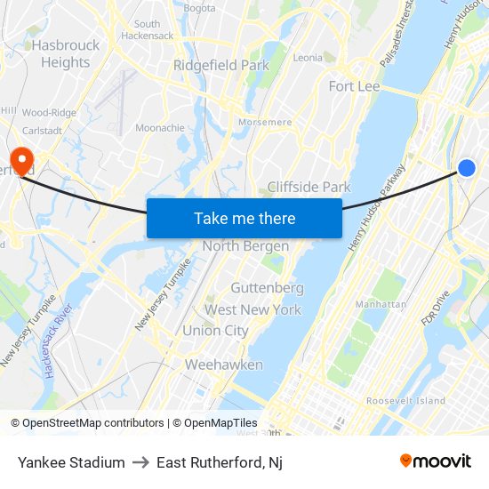 Yankee Stadium to East Rutherford, Nj map