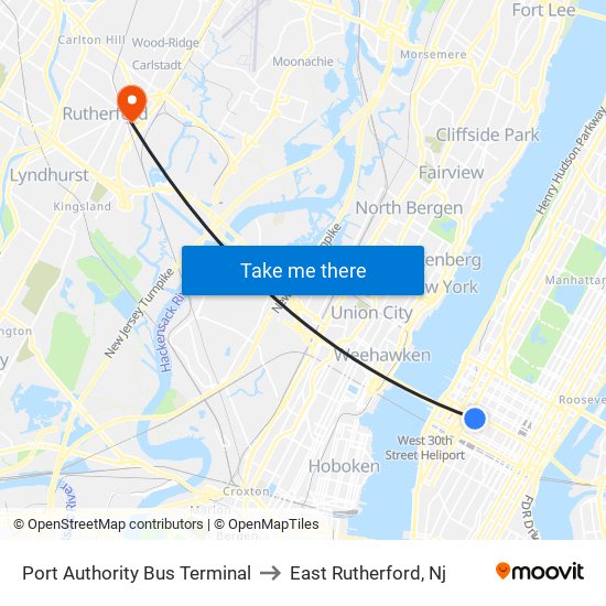 Port Authority Bus Terminal to East Rutherford, Nj map