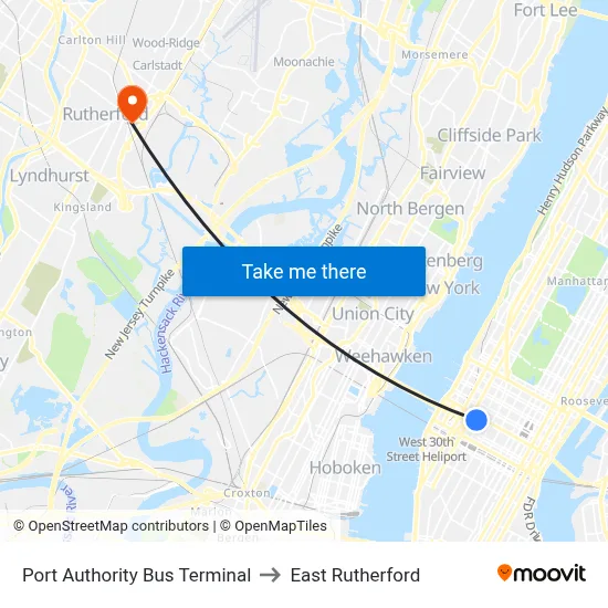 Port Authority Bus Terminal to East Rutherford map