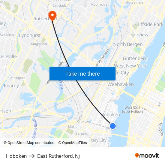 Hoboken to East Rutherford, Nj map