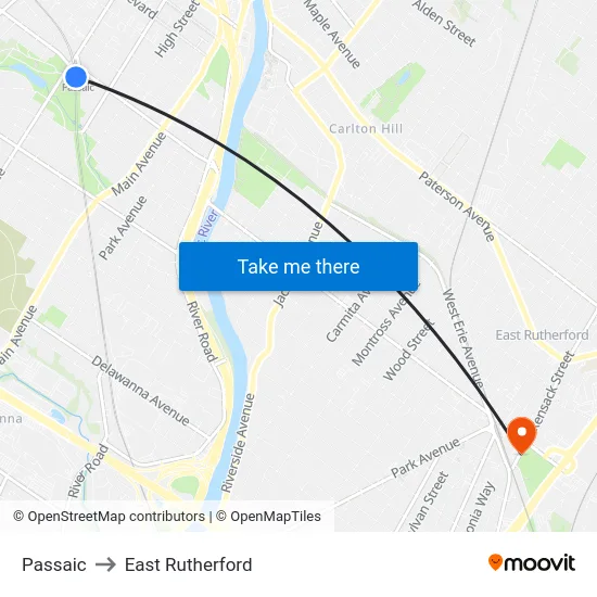 Passaic to East Rutherford map