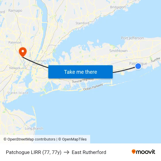 Patchogue LIRR (77, 77y) to East Rutherford map
