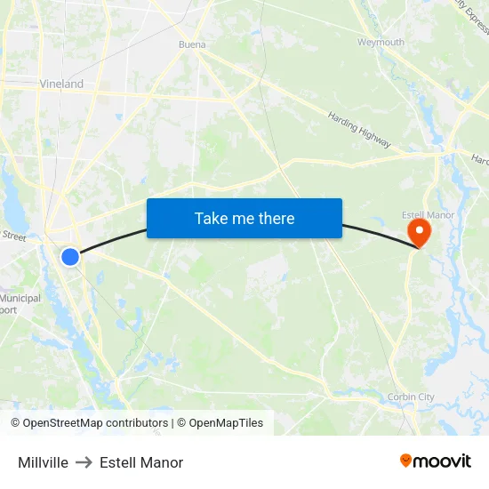 Millville to Estell Manor map