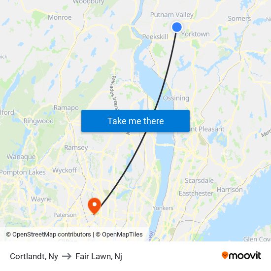 Cortlandt, Ny to Fair Lawn, Nj map