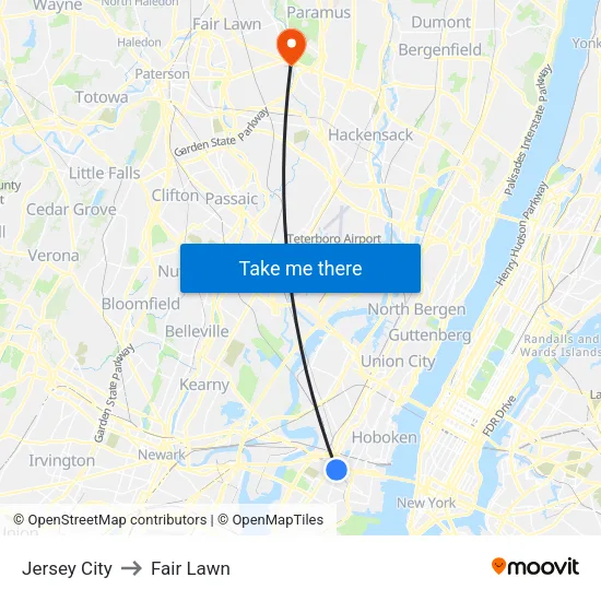 Jersey City to Fair Lawn map