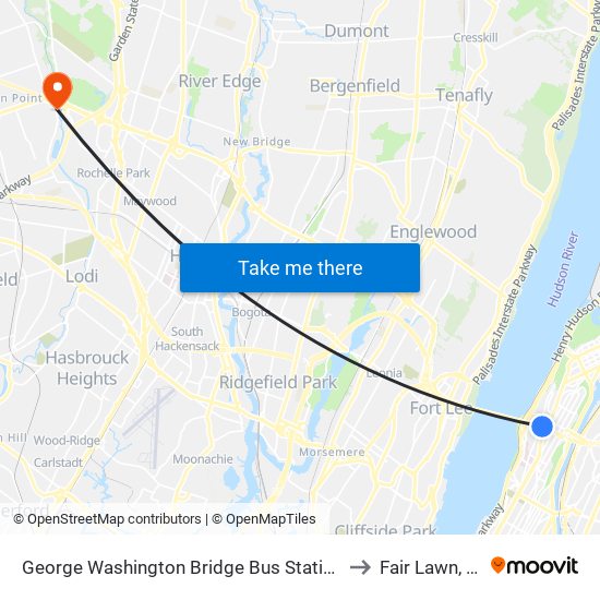George Washington Bridge Bus Station to Fair Lawn, Nj map