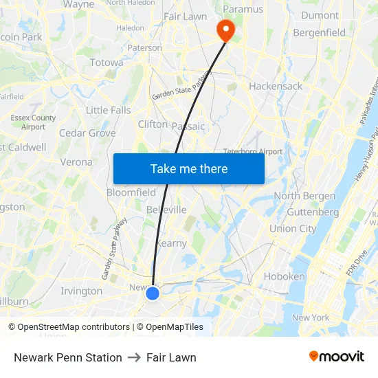 Newark Penn Station to Fair Lawn map