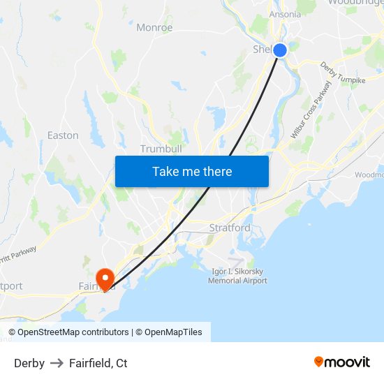 Derby to Fairfield, Ct map