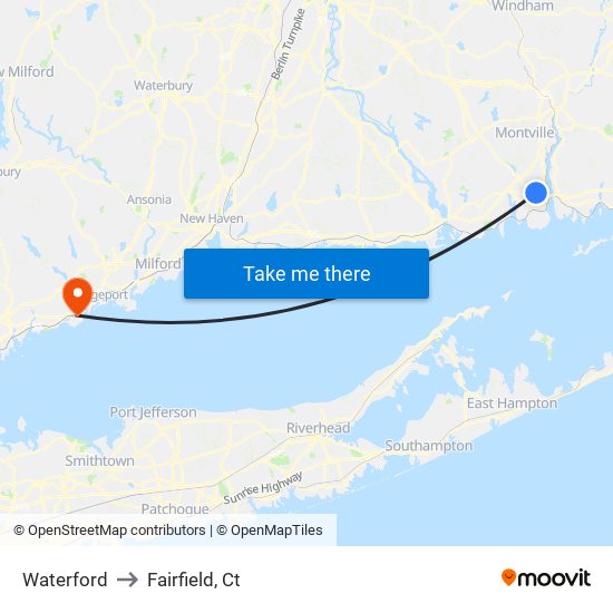 Waterford to Fairfield, Ct map