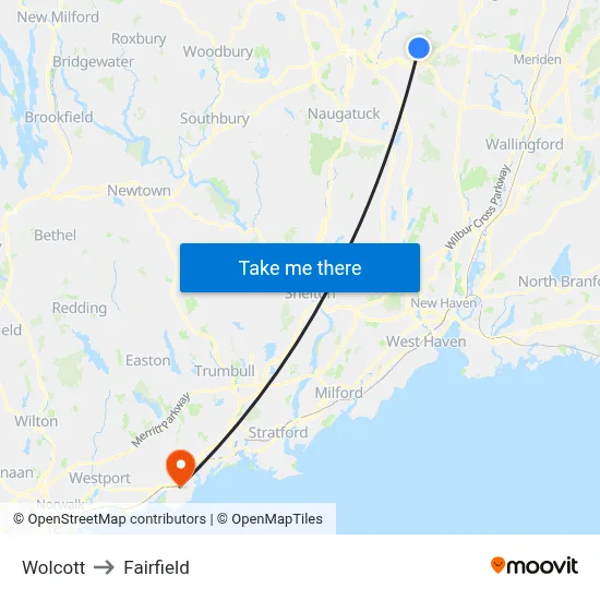 Wolcott to Fairfield map