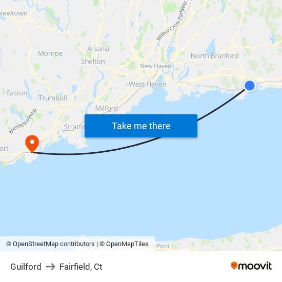 Guilford to Fairfield, Ct map