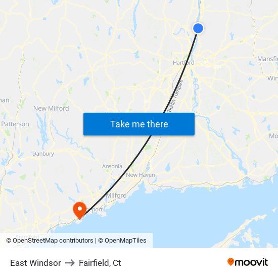 East Windsor to Fairfield, Ct map