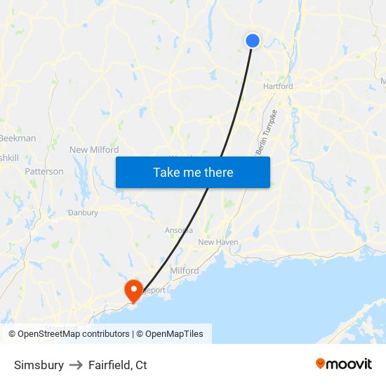 Simsbury to Fairfield, Ct map