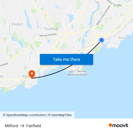 Milford to Fairfield map