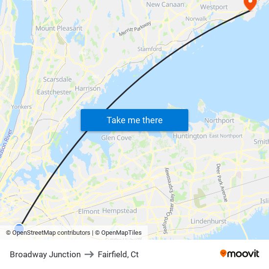 Broadway Junction to Fairfield, Ct map