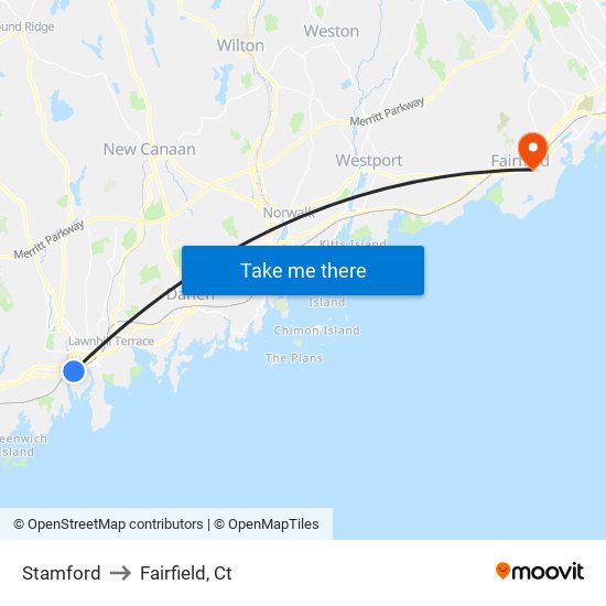 Stamford to Fairfield, Ct map