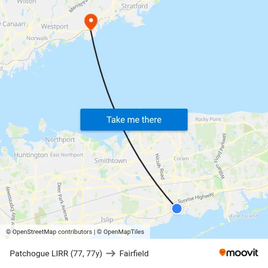 Patchogue LIRR (77, 77y) to Fairfield map