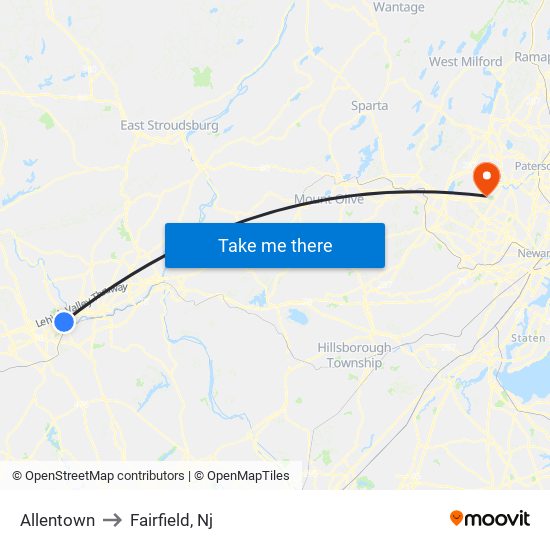 Allentown to Fairfield, Nj map