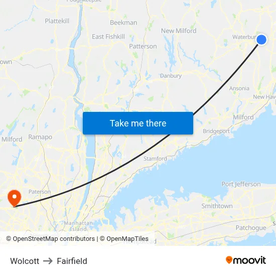 Wolcott to Fairfield map